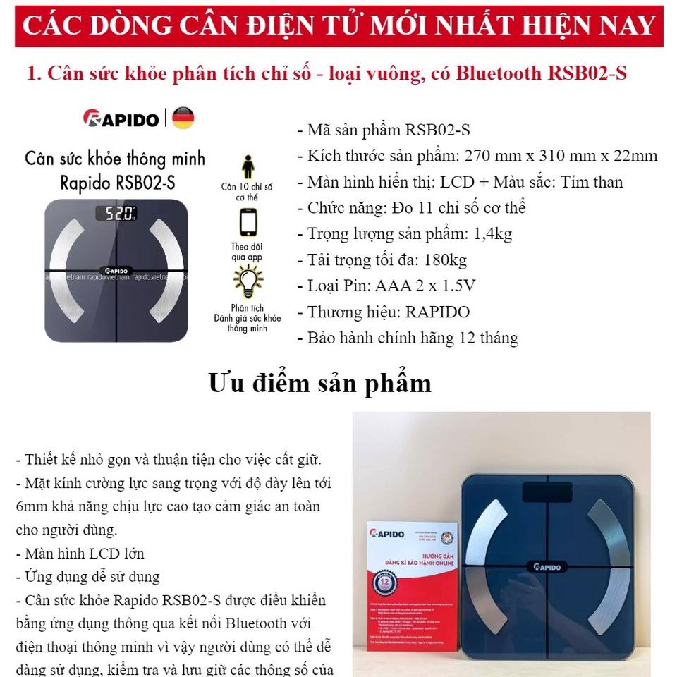 Cân Sức Khỏe điện tử Thông Minh Rapido RSB02-S Có Bluetooth Phân Tích Các Chỉ Số Cơ Thể, lượng mỡ, lượng chất khoa học