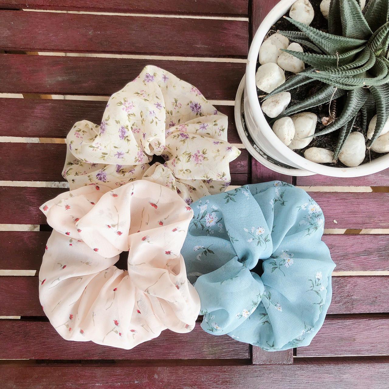 Combo 3 dây cột buộc tóc Scrunchies vải voan cao cấp hoa baby mềm mại phù hơp cho các nàng đi học, đi làm cực xinh