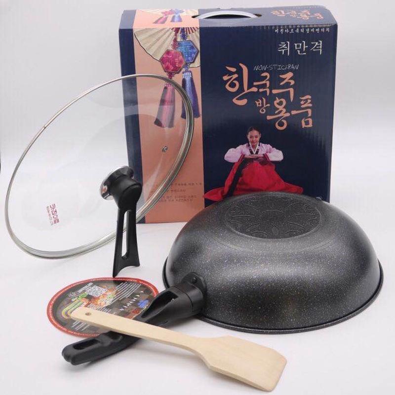 Chảo Đá Hàn Quốc Chống Dính Sâu Lòng 32cm, Có Nắp Đậy