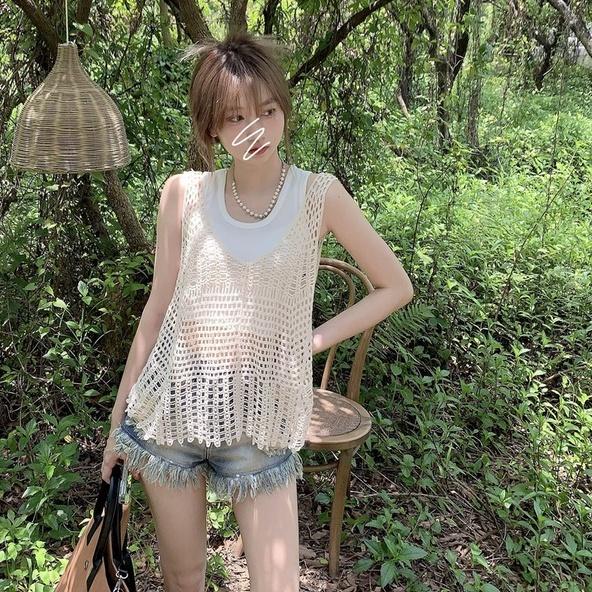[L2M] Áo LƯỚI len dệt kim ĐI BIỂN không tay loại 1 thời trang mùa hè xinh xắn
