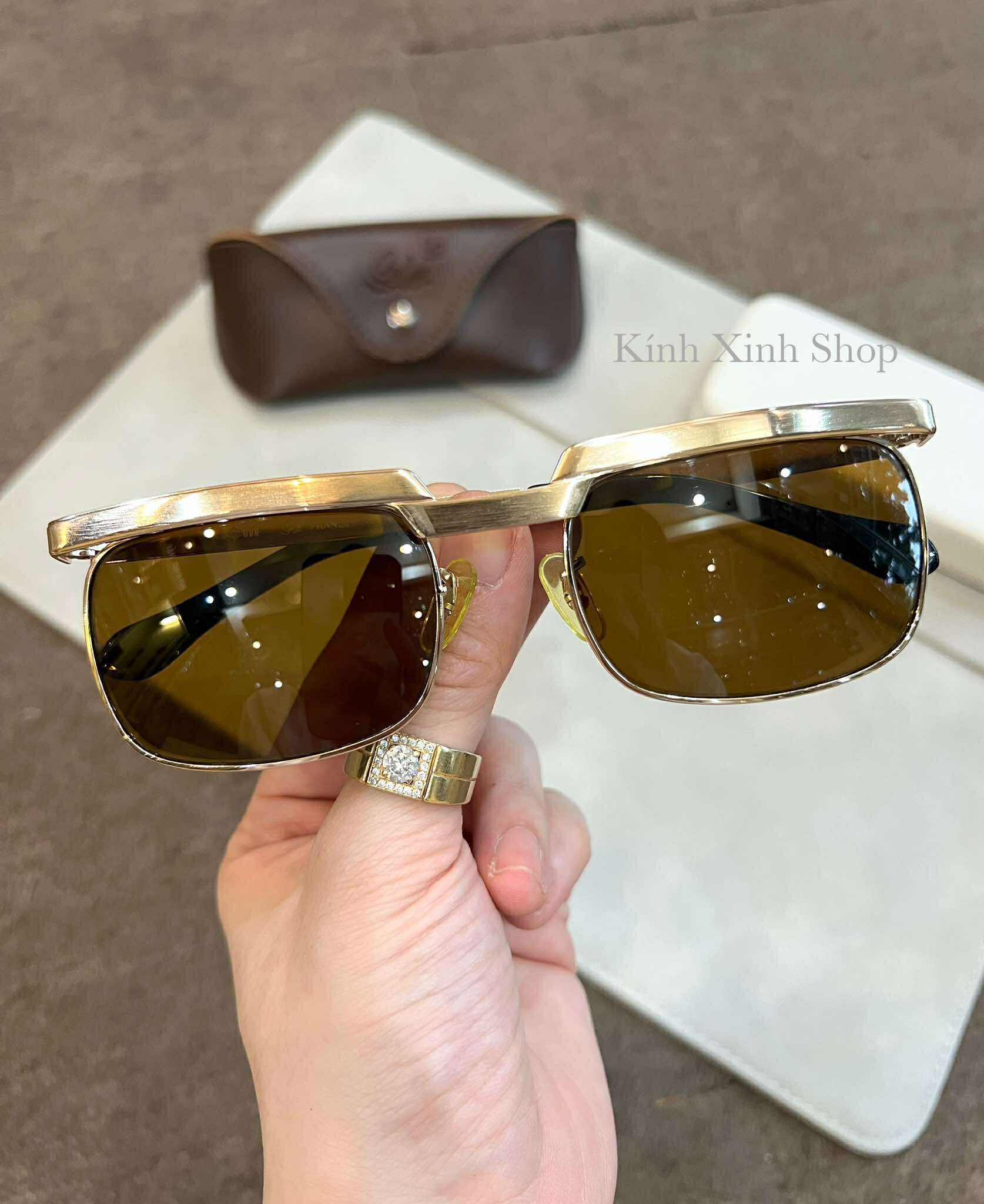 Kính râm nam Solex Mắt thủy tinh cường lực chống vỡ gọng Titanium mạ vàng 14K