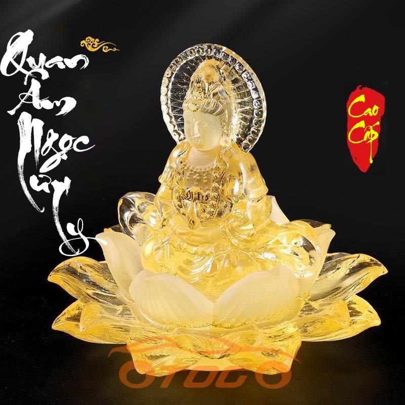 Tượng Phật Bà Quan Âm Tọa Đài Sen Ngọc Lưu Ly Vàng Trang Trí Ô Tô