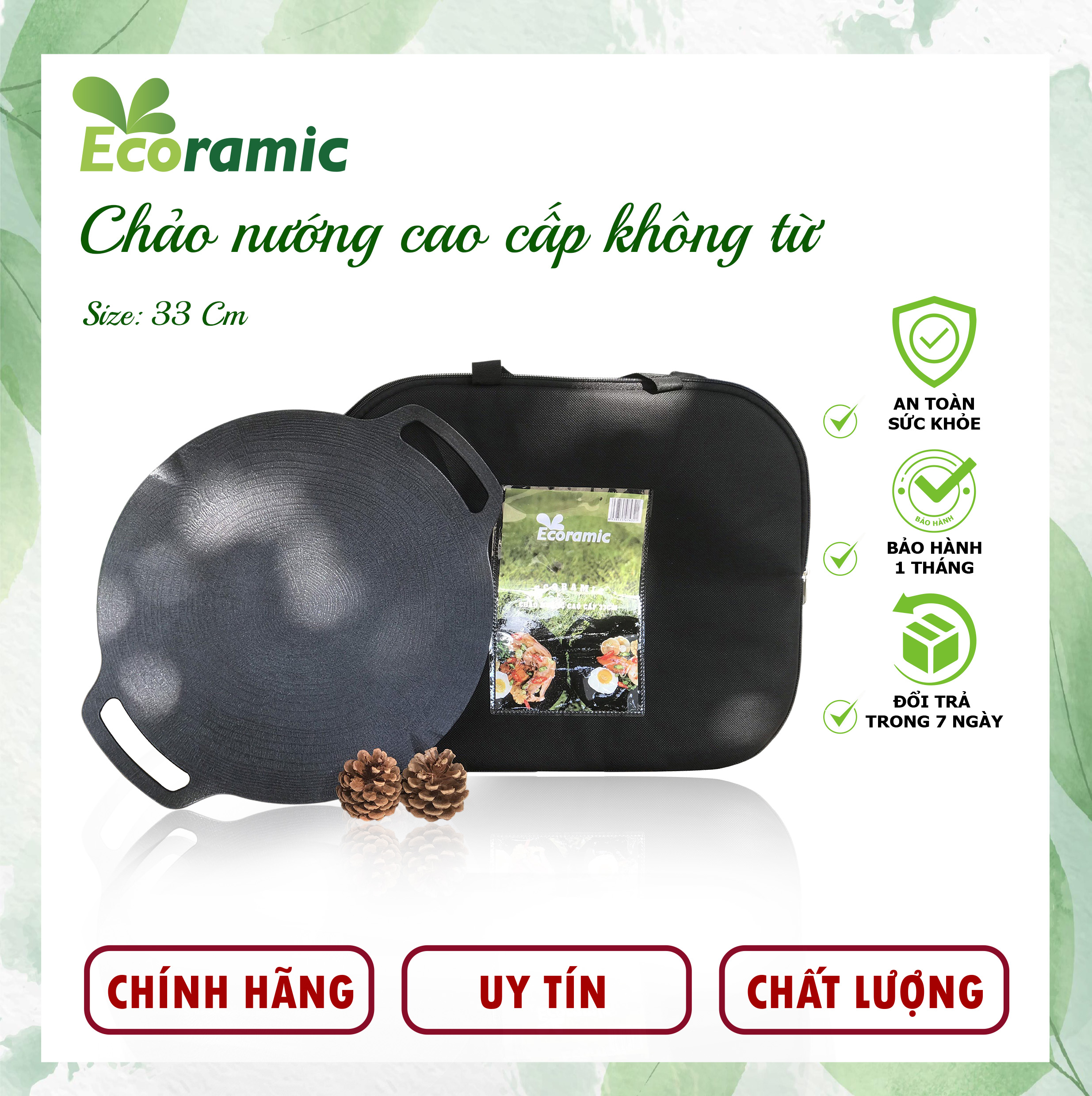 Chảo Đá Nướng Chống Dính Ecoramic Chính Hãng Cao Cấp, Siêu bền size 33cm, Dùng cho mọi loại bếp trừ bếp từ, Bảo hành chính hãng 2 tháng