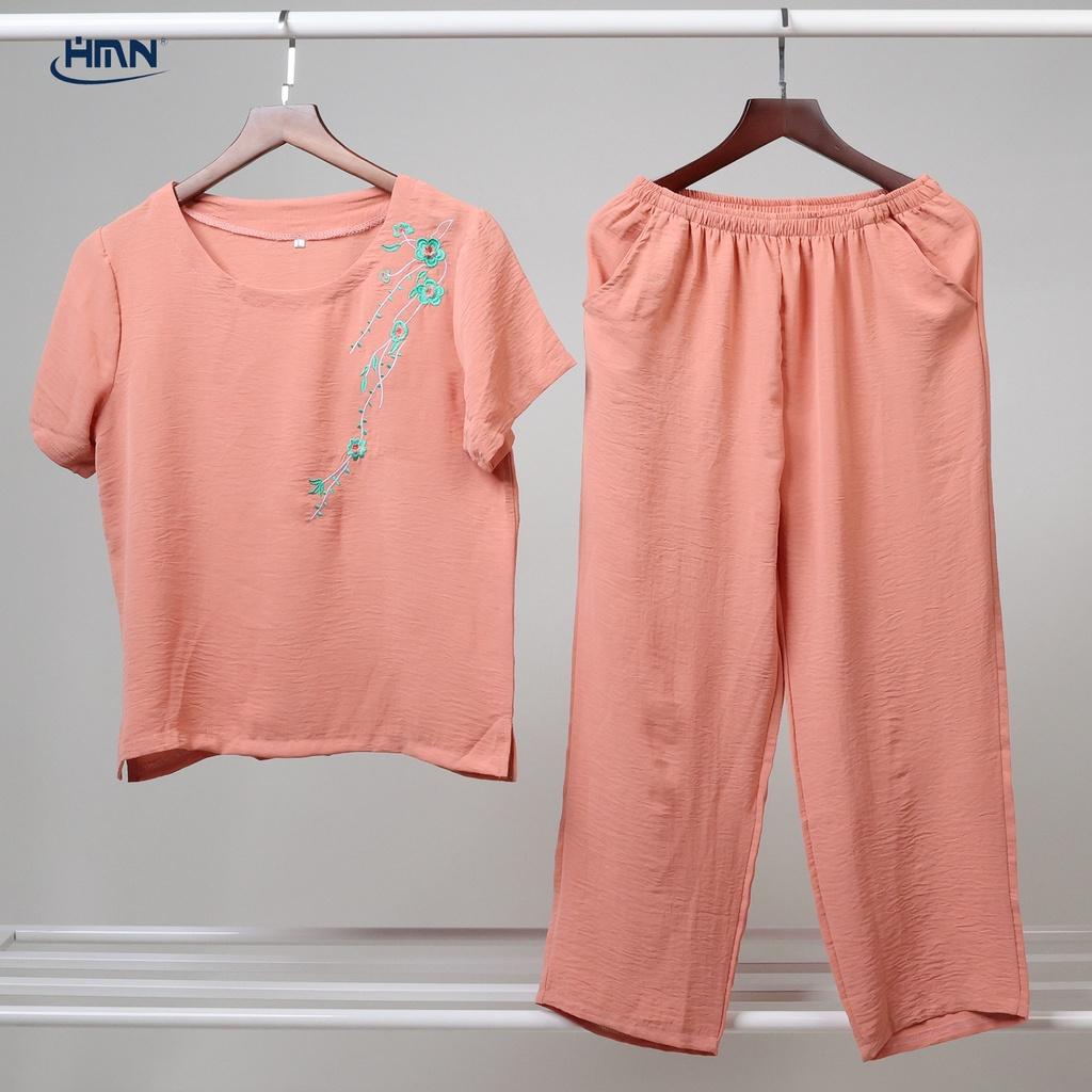 Set đồ bộ trung niên nữ áo thun tay ngắn thêu hoa vai rũ và quần Dài/lửng vải đũi linen mềm mịn - HMN Fashion