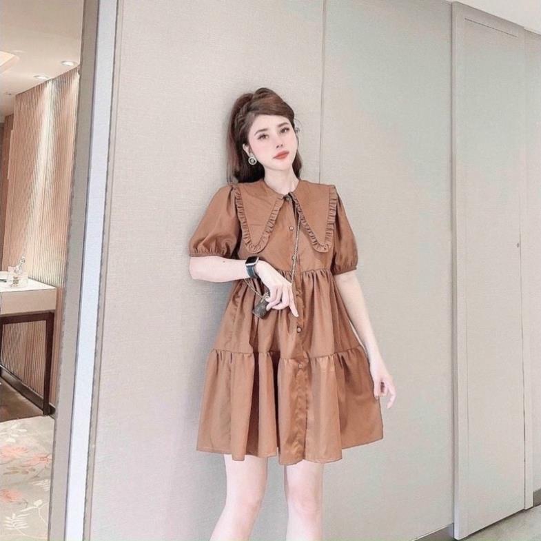 X2 Đầm ngắn dáng xòe cổ bẻ váy babydoll kem cổ bèo tầng (kèm hình thật