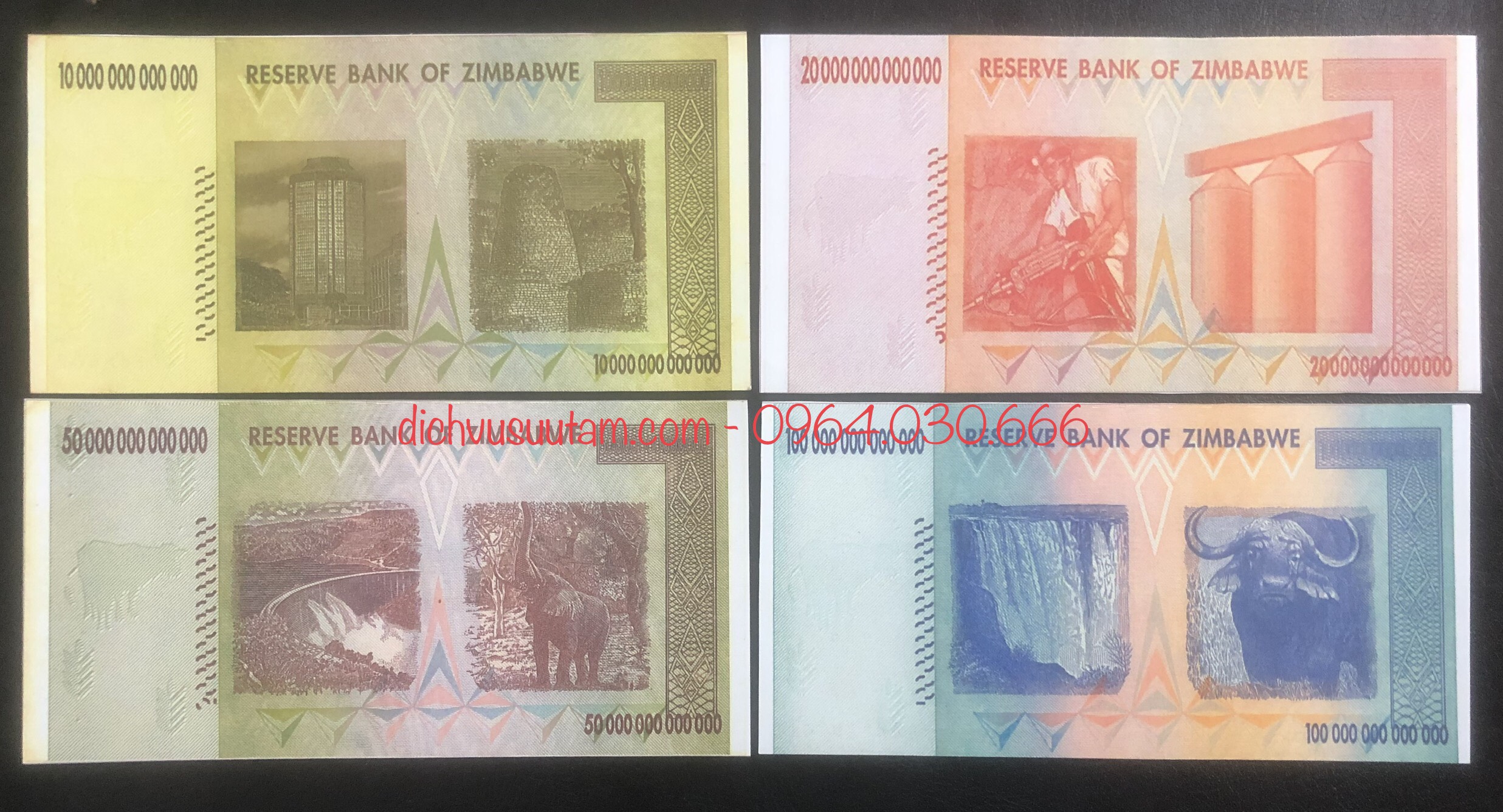 Combo 4 tờ tiền lạm phát Zimbabwe mệnh giá 10 ngàn ti, 20 ngàn tỉ, 50 ngàn tỉ, 100 ngàn tỉ COPY lưu niệm