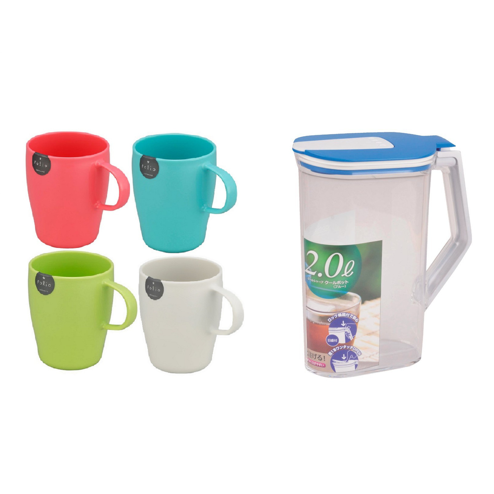 Combo 05 cốc uống nước Folio có quai cầm  + 01 bình nước 2L - Hàng nội địa Nhật Bản.