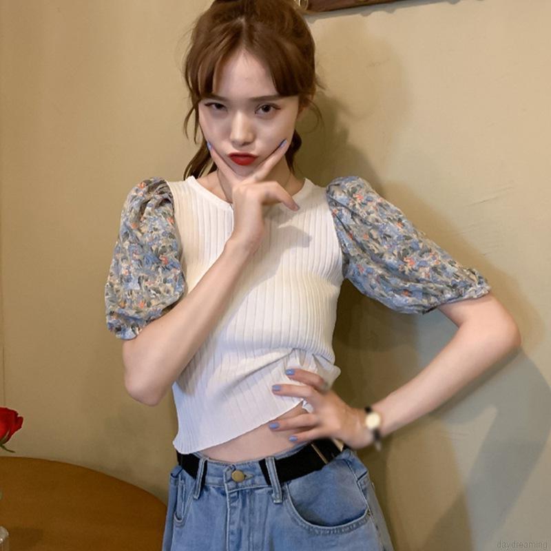 Áo Thun Dệt Kim Tay Ngắn Cổ Tròn Hoạ Tiết Hoa Cho Phái Nữ