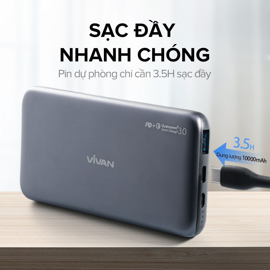 Pin Sạc Dự Phòng 10.000mAh VIVAN VPB-N10 20W Quick Charge PD/QC 3.0 &amp; 2 Output - Hàng Chính Hãng