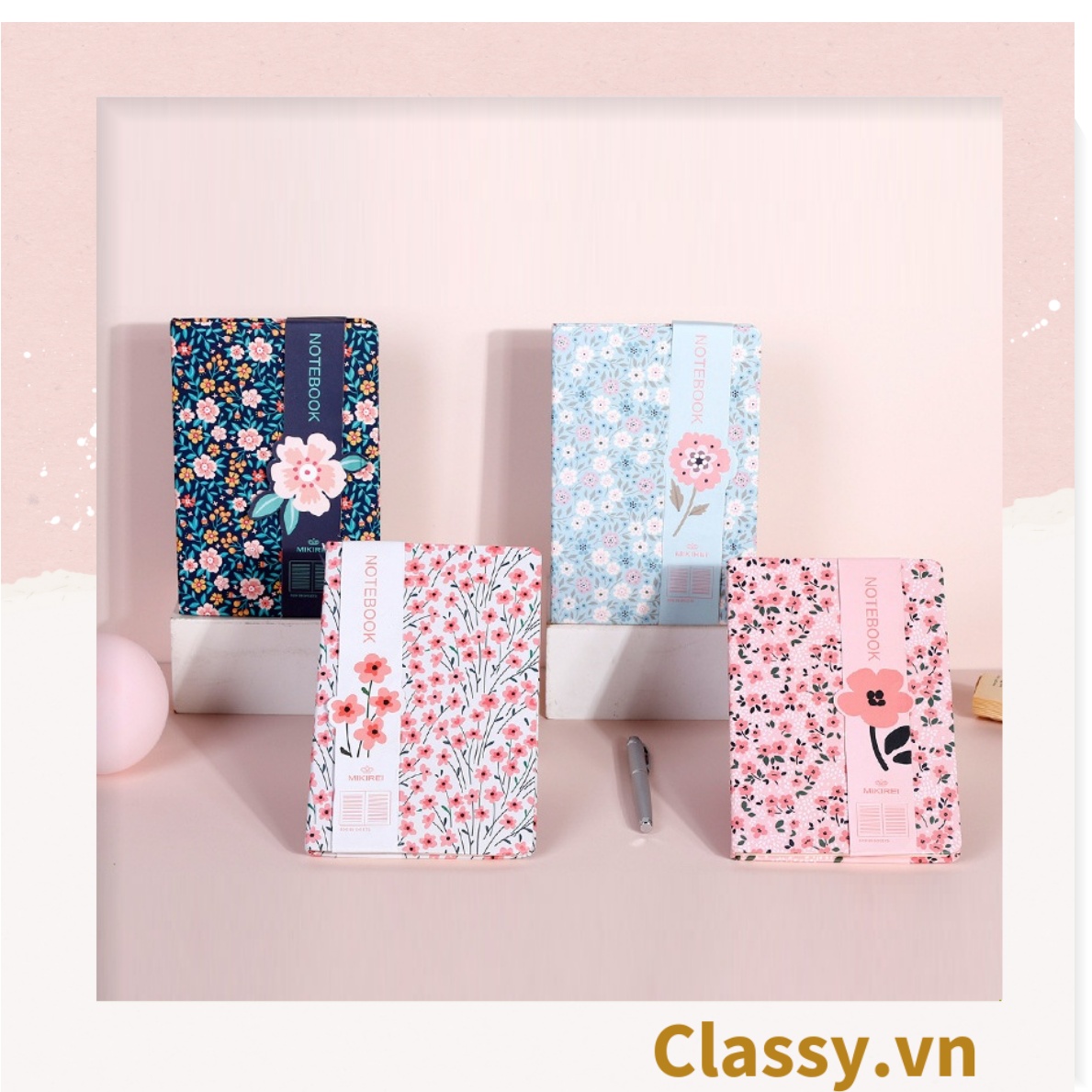 Sổ tay bìa cứng họa tiết hoa vintage kích thước A7, 192 trang PK1792 Classy Floral