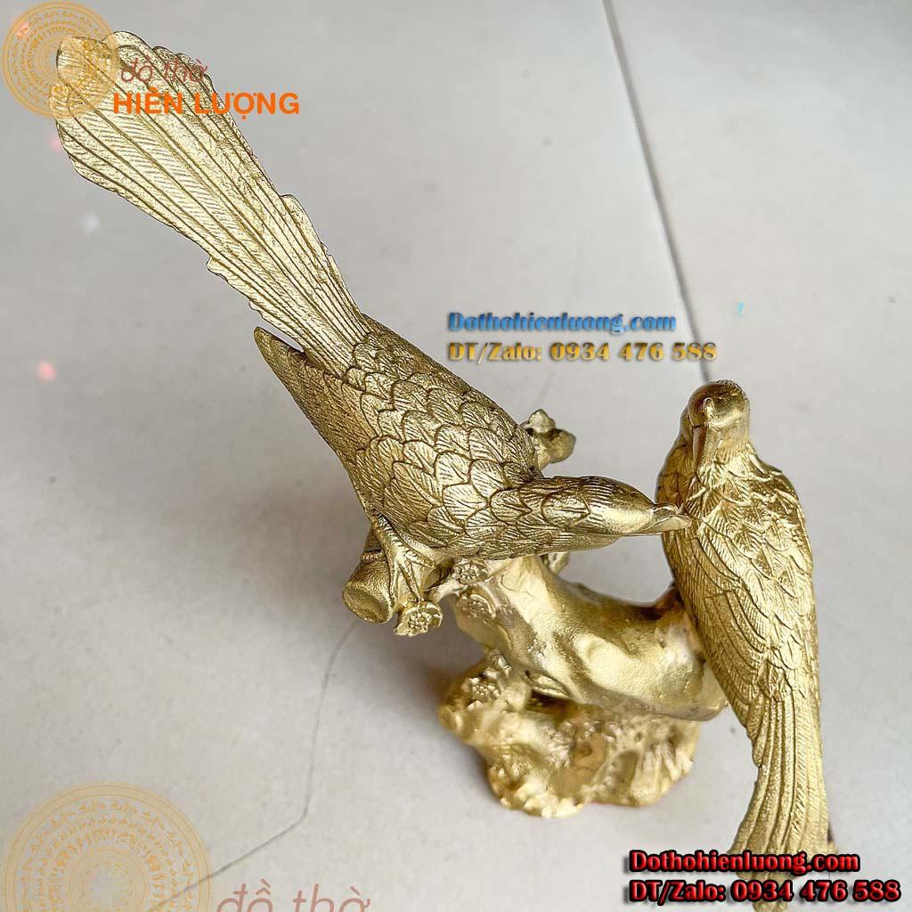 Tượng Đôi Chim Uyên Ương Màu Vàng Đậu Cành Cây Bằng Đồng - Song Hỷ Lâm Môn