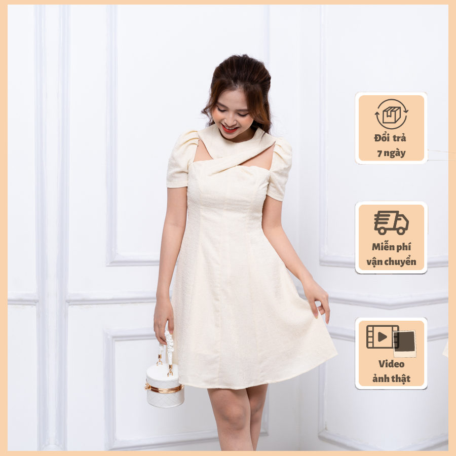Váy dáng xòe thiết kế xoắn cổ ChunChun V30308, chất liệu chiffon ép nhăn cao cấp