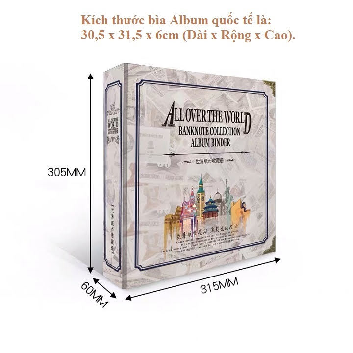 Album tiền quốc tế và 20 phơi tiền 3 ngăn đen đựng 120 tờ tiền dùng để bảo quản bộ sưu tập tiền các nước và cờ chú thích của mỗi tờ tiền, kích thước 30,5 x 31,5 x 6cm, màu trắng – TMT Collection - SP005243