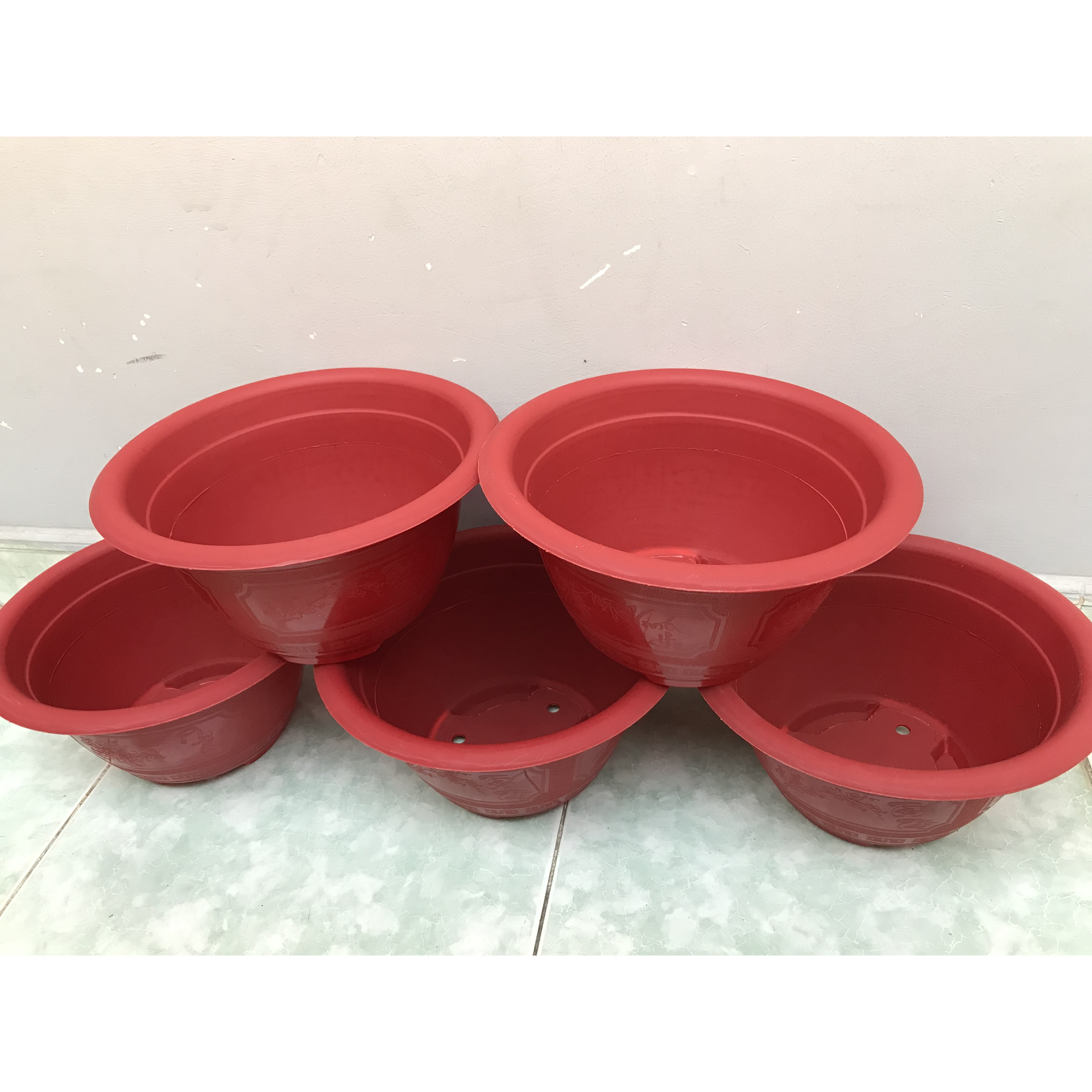 Combo 5 chậu trồng cây Farm House có hoa văn tài lộc - Màu đỏ