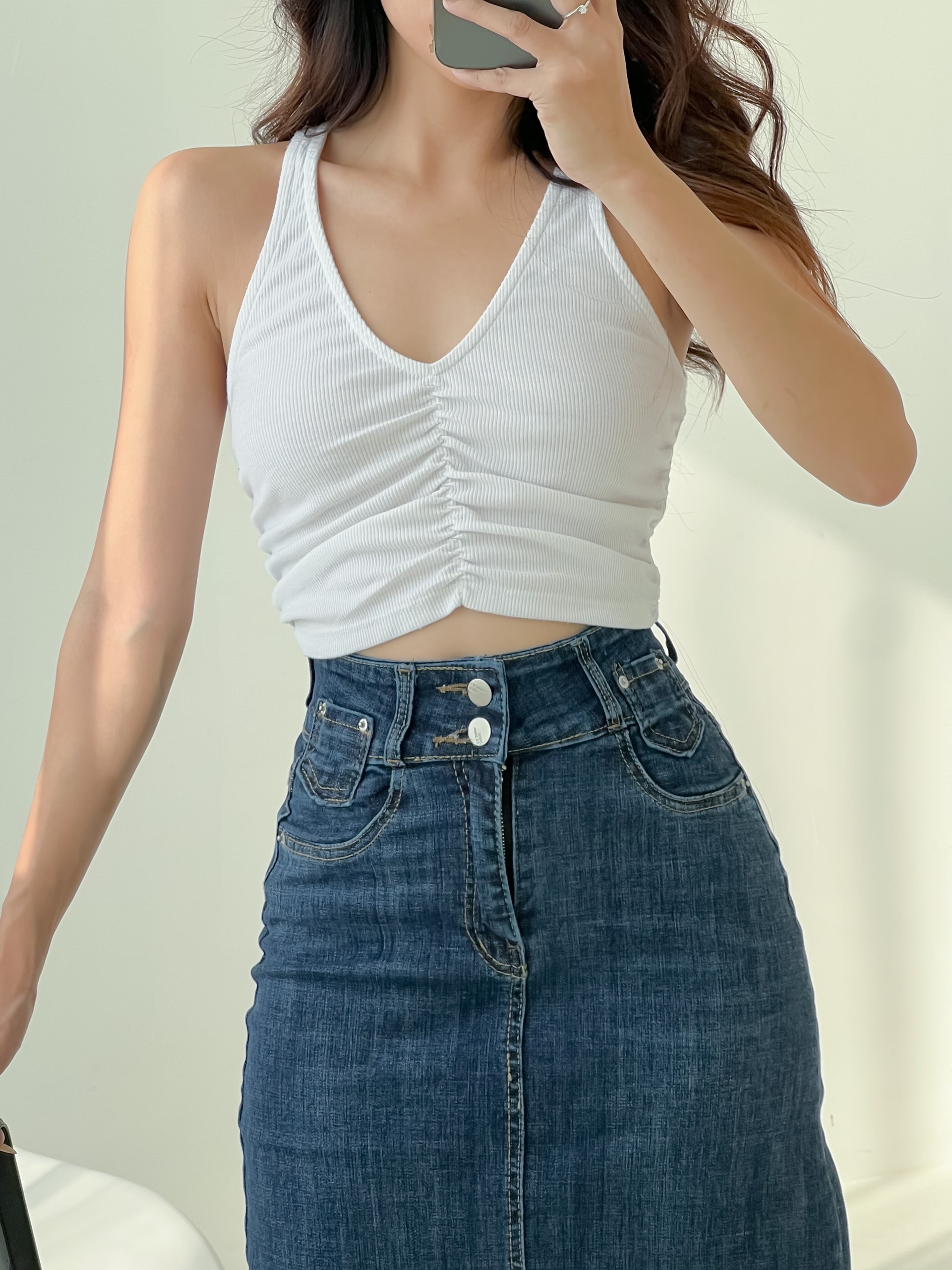 Chân váy jeans midi dáng bút chì co giãn lưng siêu cao ôm eo tôn dáng mẫu thiết kế HQJeans HQ9037