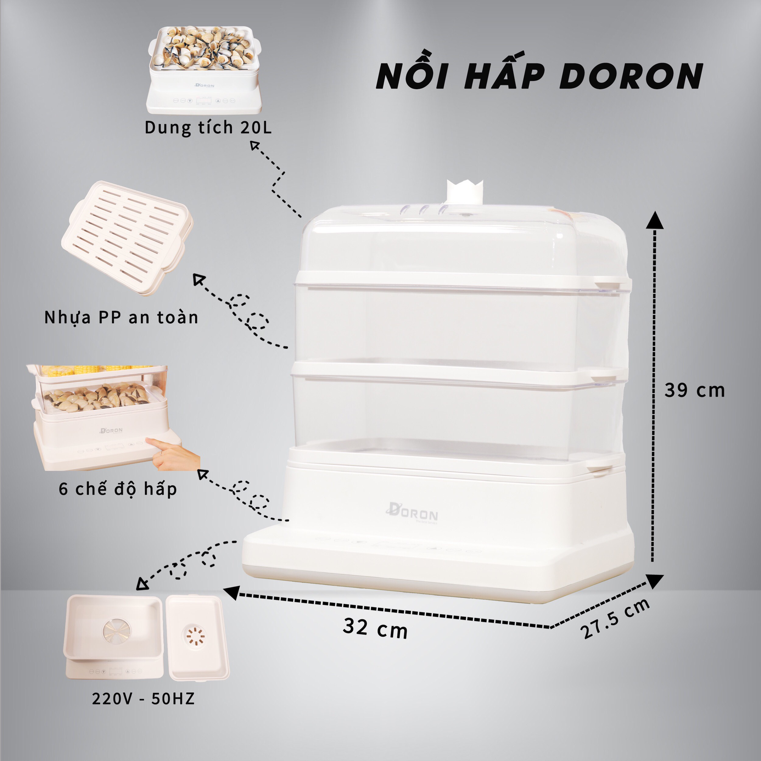 Nồi Hấp Điện Gia Đình Ba Tầng Đa Chức Năng Dung Tích 20L DR-209 Hàng Chính Hãng Thương Hiệu Doron