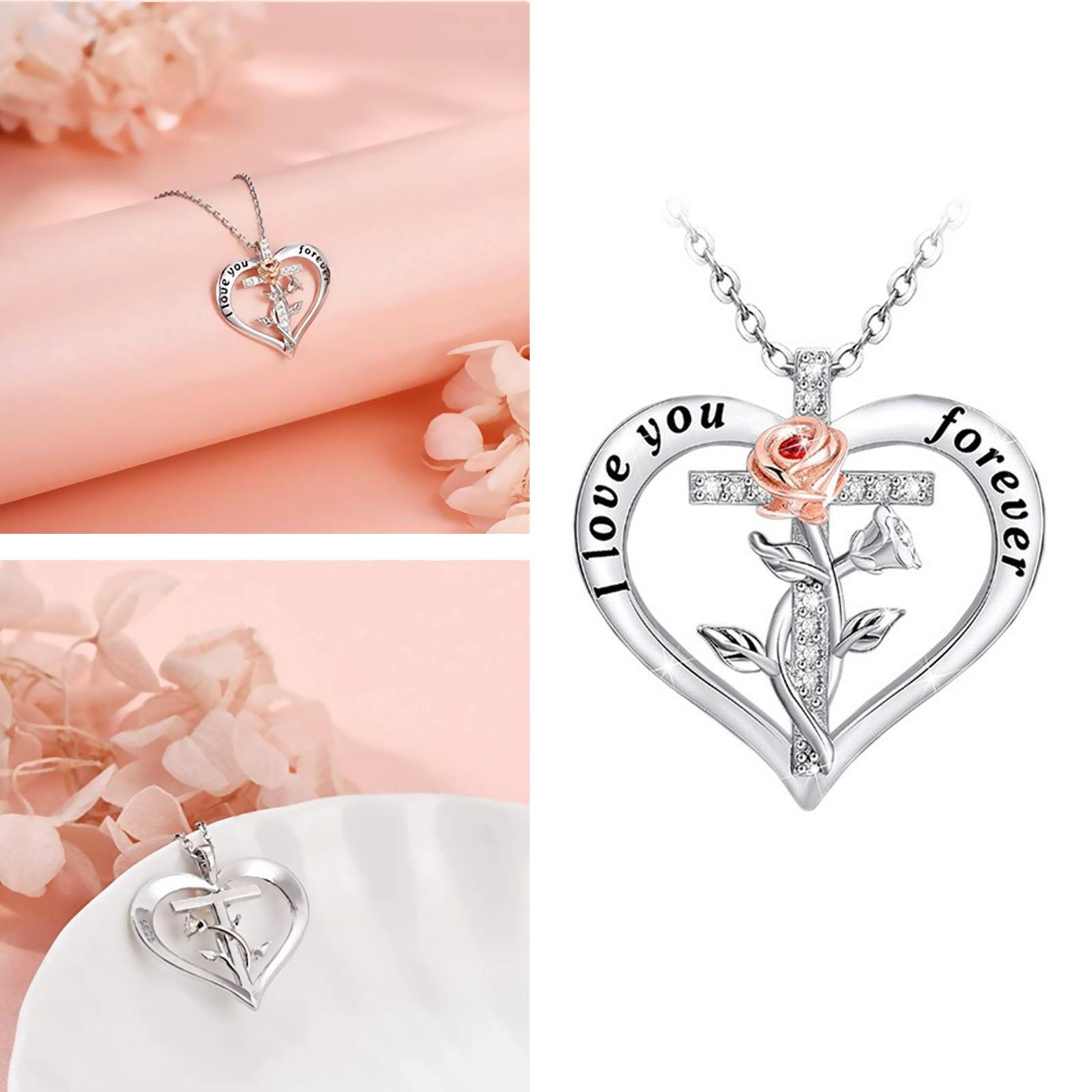 Alloy Heart Pendant Necklace Rose Flower Cross Valentines Day Birthday Gifts