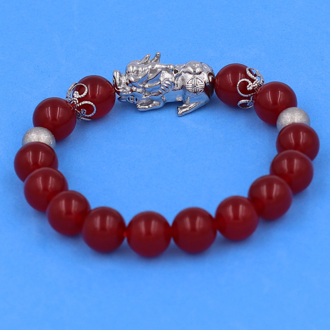 Vòng chuỗi đeo tay đá thạch anh đỏ 10 ly charm tỳ hưu inox, bi inox, khía bông inox, vòng tay phong thuỷ, vòng tay tỳ hưu