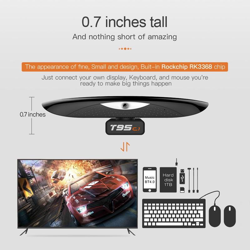 Android tivi box tích hợp camera 800W HD và micro có thể nghe gọi video trực tiếp trên tivi, bluetooth 4.2, xem video 4K, chạy rất nhanh và mượt T95C1