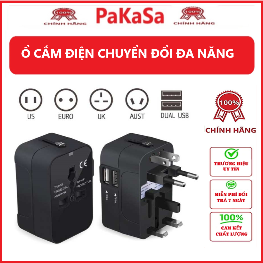 Ổ Cắm Điện Loại Chuyển Đổi Đa Năng - Phích Cắm Tiêu Chuẩn US, EURO, UK, AUST - Có 2 Cổng USB (Dual USB) - Phù Hợp Cho Những Chuyến Công Tác Và Du Lịch Nước Ngoài- Chính Hãng