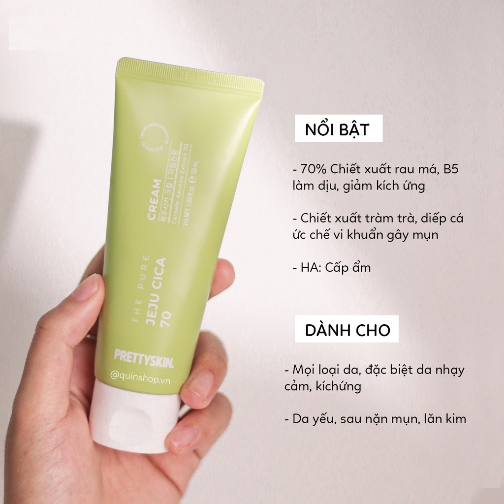 Kem dưỡng rau má PrettySkin The Pure Jeju Cica 70 Cream 50ml - làm dịu và lành da, hạn chế các vết thâm