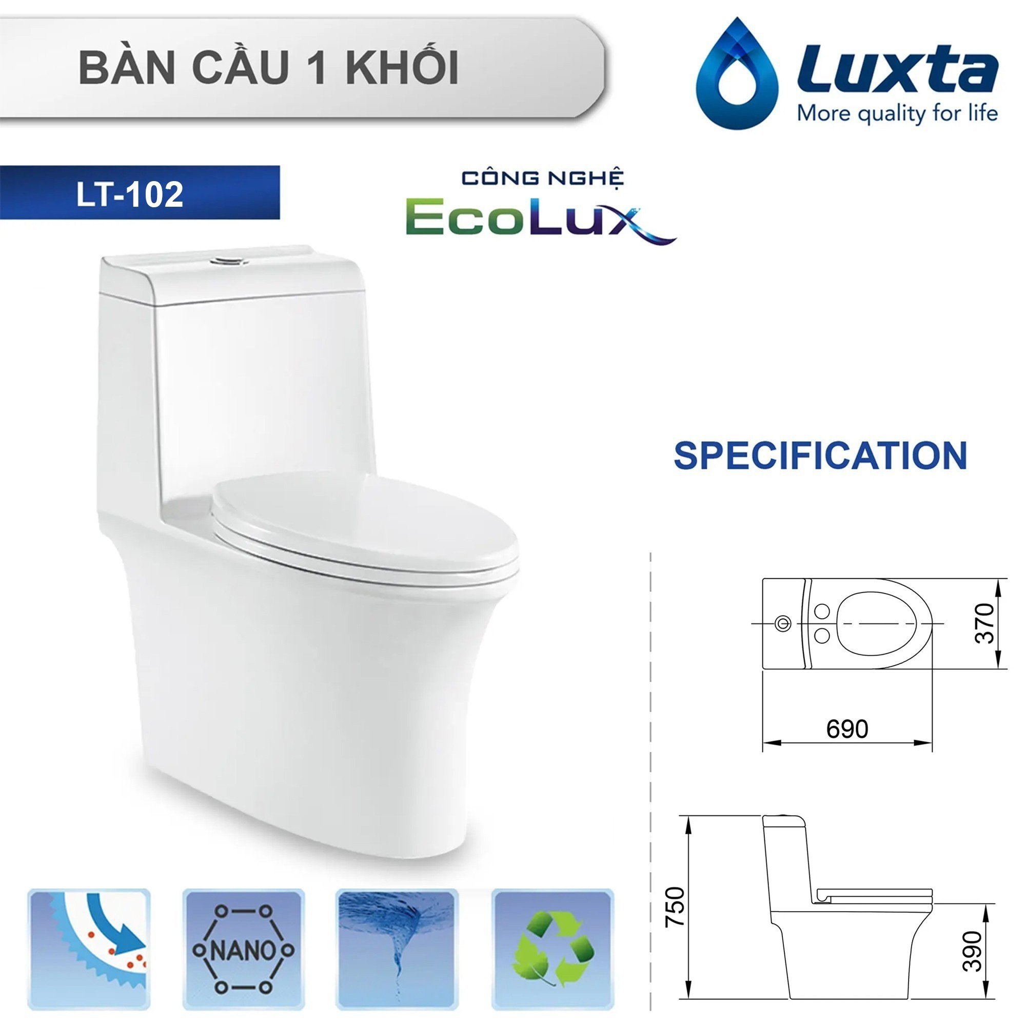 Bồn Cầu Chính Hãng LUXTA LT102 Công Nghệ Tiết Kiệm Nước ECO LUX