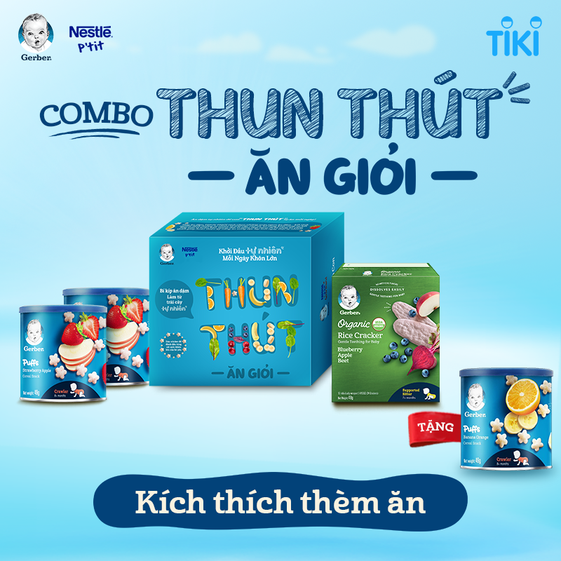 Thun thút ăn giỏi - Combo 3 -  1 Bánh gạo ăn dặm hữu cơ Gerber Organic Vị Nam Việt Quốc Táo Củ Dền + 2 Bánh ăn dặm Gerber Vị Dâu Táo +Tặng 1 lon Gerber puff