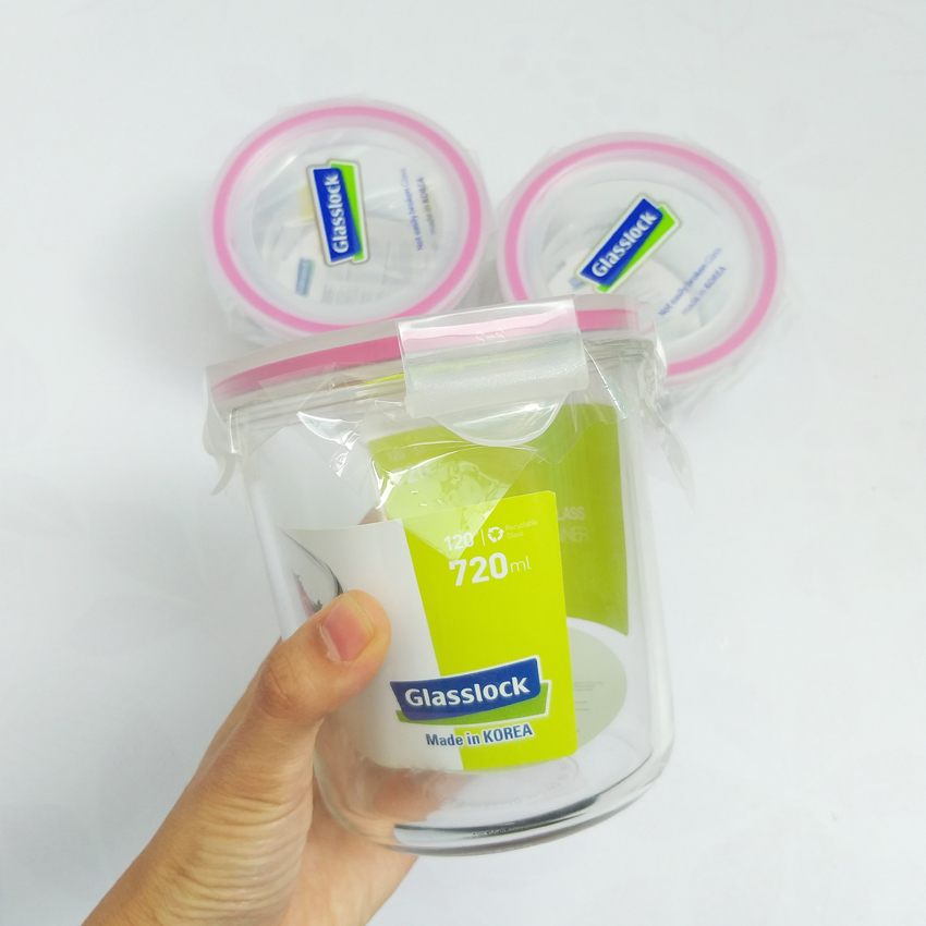 Bộ hộp cơm thủy tinh Glasslock Hàn Quốc 720ml + 350ml + 350ml kèm túi giữ nhiệt oval xanh