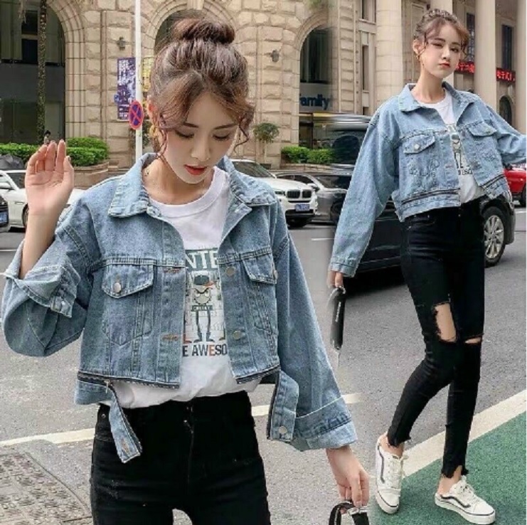 Áo khoác jean nữ lửng HOTTREND phối dây kéo cao cấp- chất denim chuẫn hàng shop