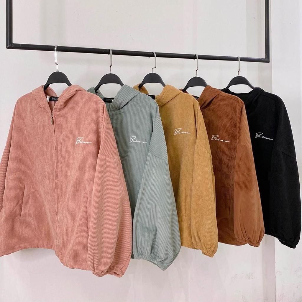 Áo Khoác Nhung THIFU FASHION Nhung Gân Mềm Mịn Tay Phồng, Mặt Lưng In Chữ Biboo Sắc Nét