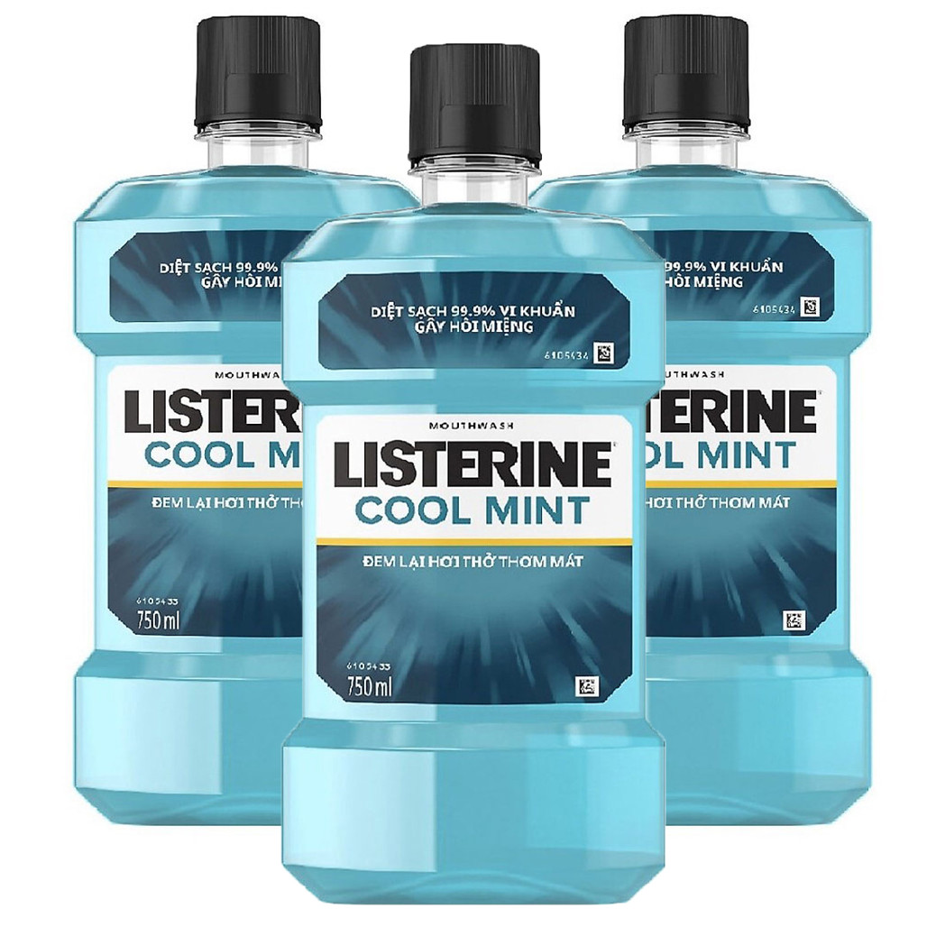 Combo 3 Nước Súc Miệng Hương Bạc Hà Listerine Cool Mint (750ml/Chai)+Tặng Vỉ đôi bàn chải Okamura Asahi