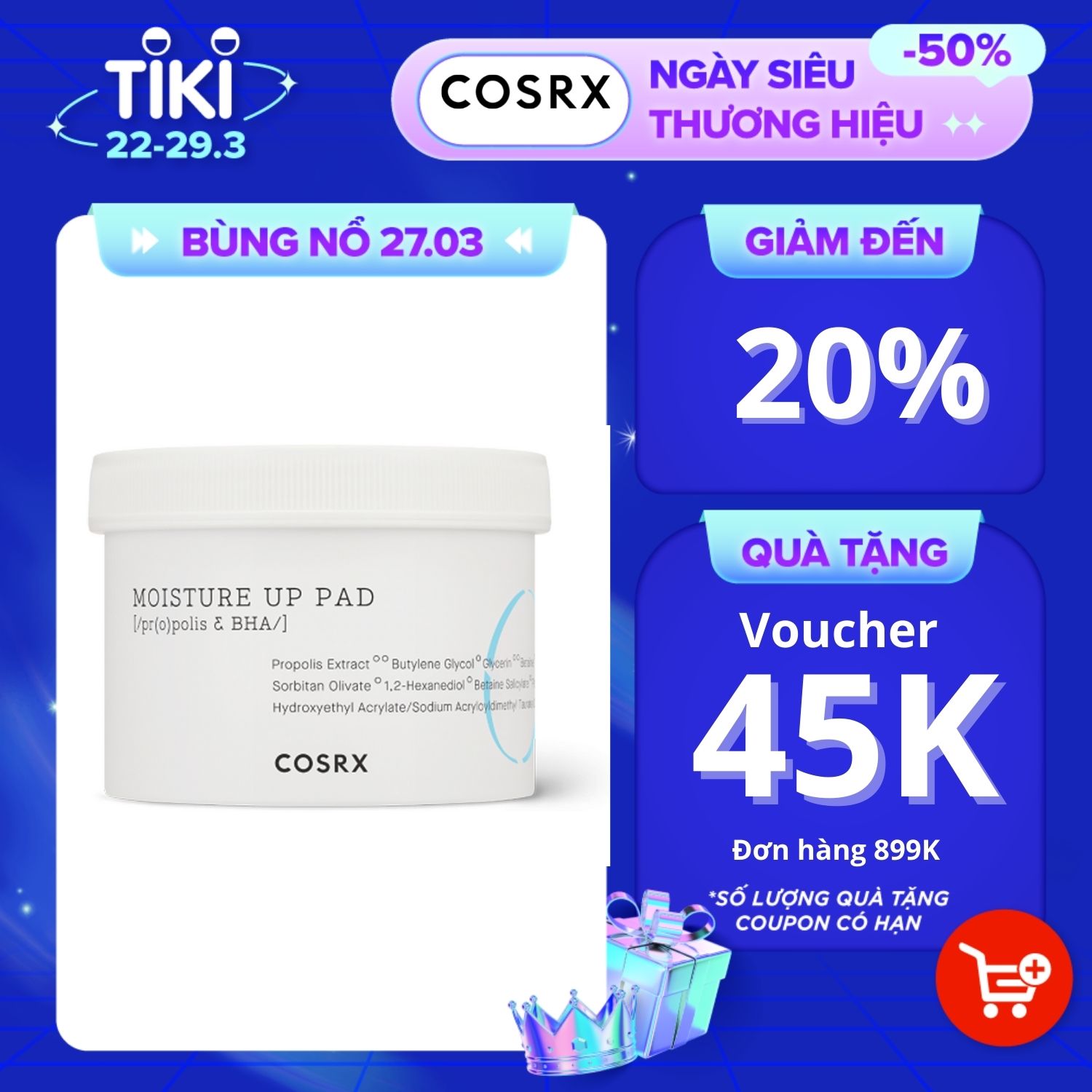 Bông Tẩy Tế Bào Chết Hoá Học Và Dưỡng Ẩm Da (0.5% BHA, Keo Ong, Trà Xanh) COSRX One Step Moisture Up Pad 70 Miếng