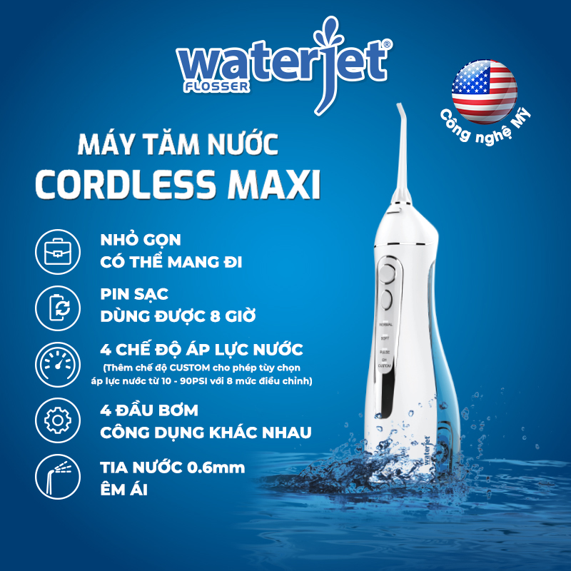 Máy tăm nước cá nhân không dây Waterjet Flosser Cordless Maxi (4 đầu tăm, dùng được cho người niềng răng)