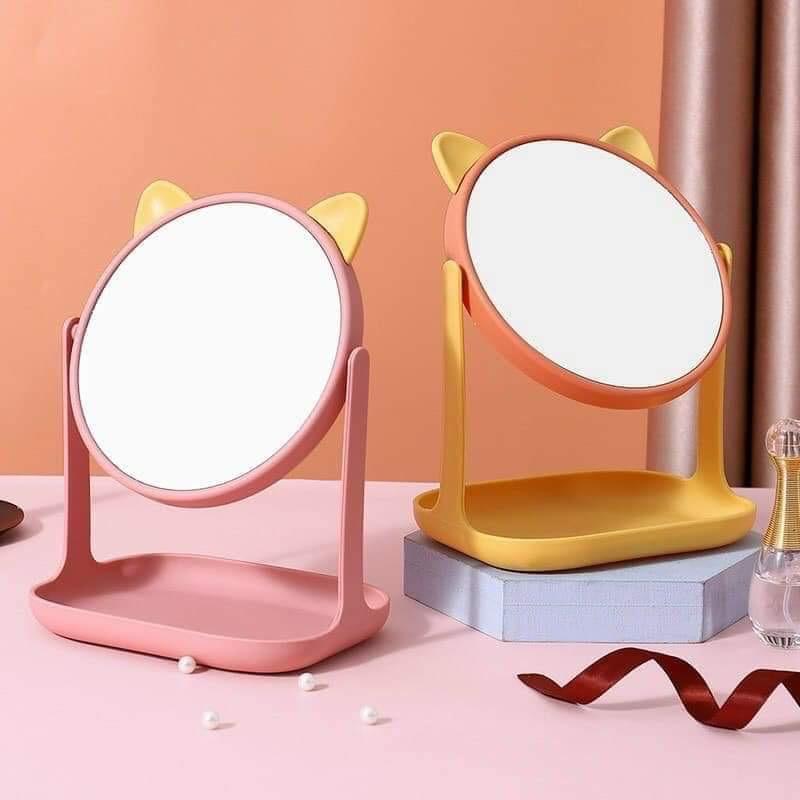 Gương trang điểm để bàn tai thỏ tai mèo đáng yêu xoay 360 độ - Gương soi tai thỏ mèo có khay để trang sức