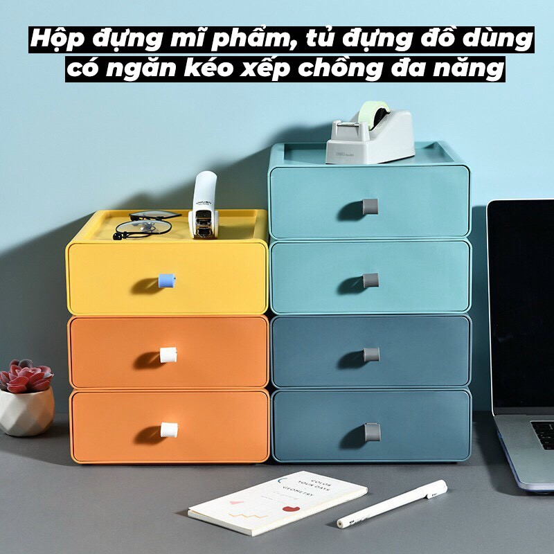 Set 2 hộp 2 màu đựng đồ có ngăn kéo, hộp lưu trữ kiểu Nhật có thể xếp chồng lên