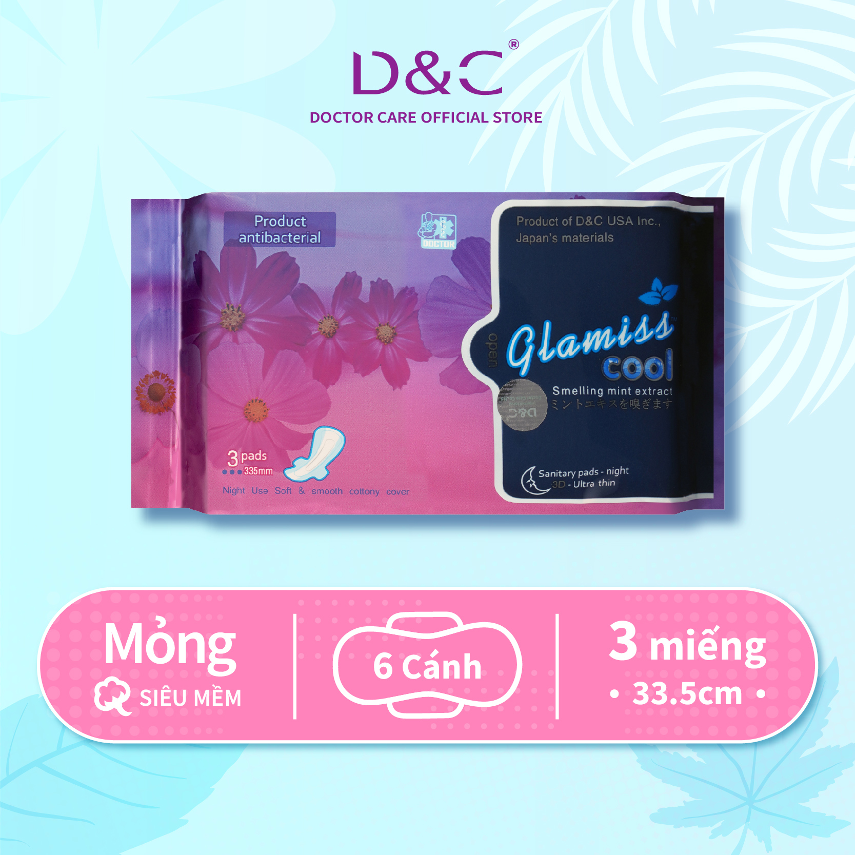 Băng vệ sinh ban đêm Glamiss Cool thảo dược 33.8cm siêu thấm hút, BVS chống tràn cho cả đêm dài