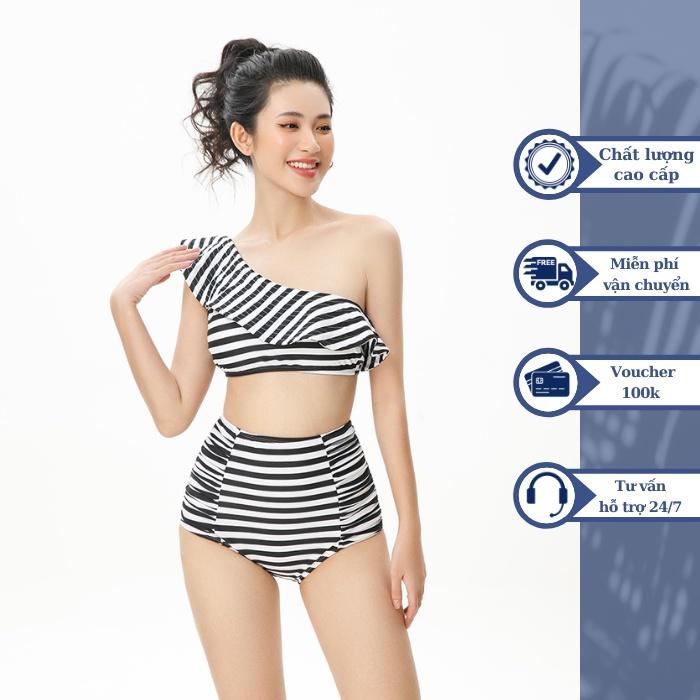 Đồ bơi nữ BIKINI PASSPORT dạng hai mảnh lưng cao áo bèo lệch vai - Kẻ sọc - BS438_STR