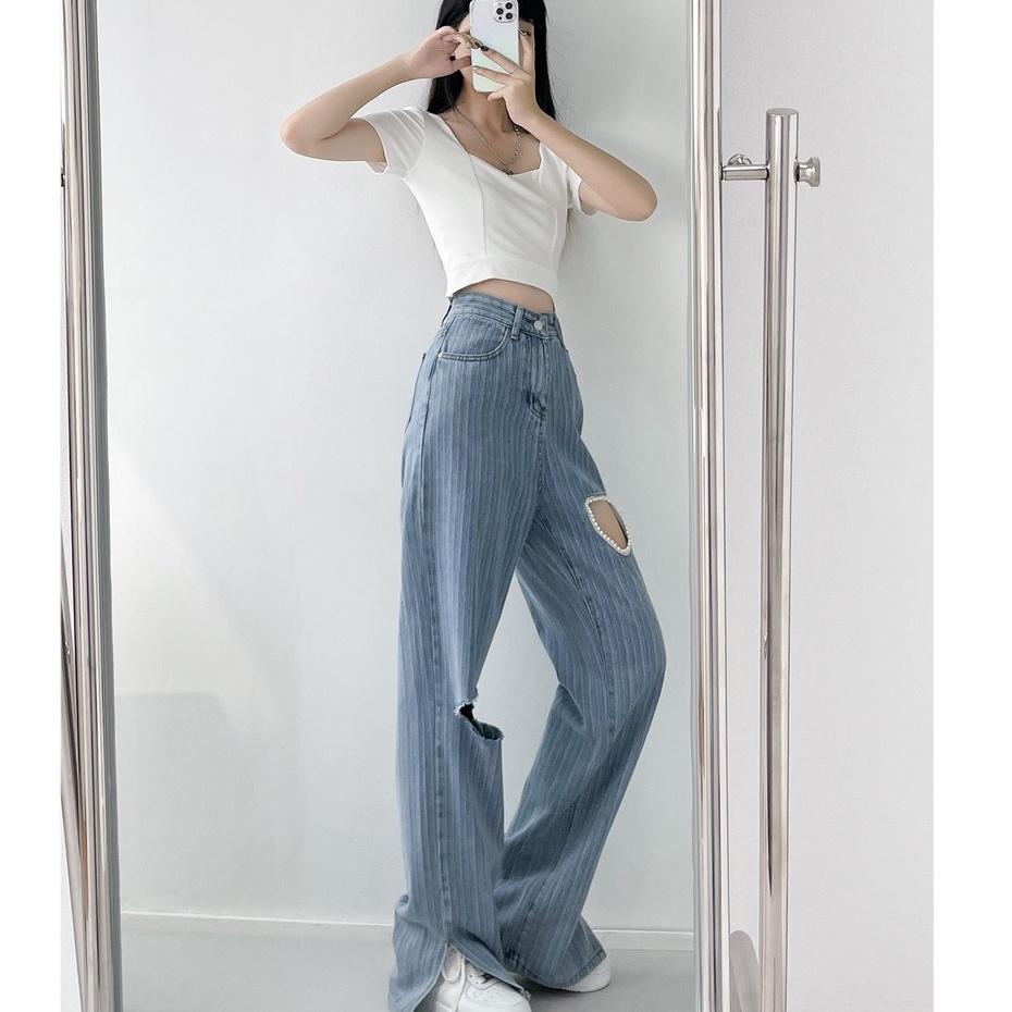 【Cocory】Women Korean Retro High waist Fork Loose Casual Straight Thin All Match Hole Jeans