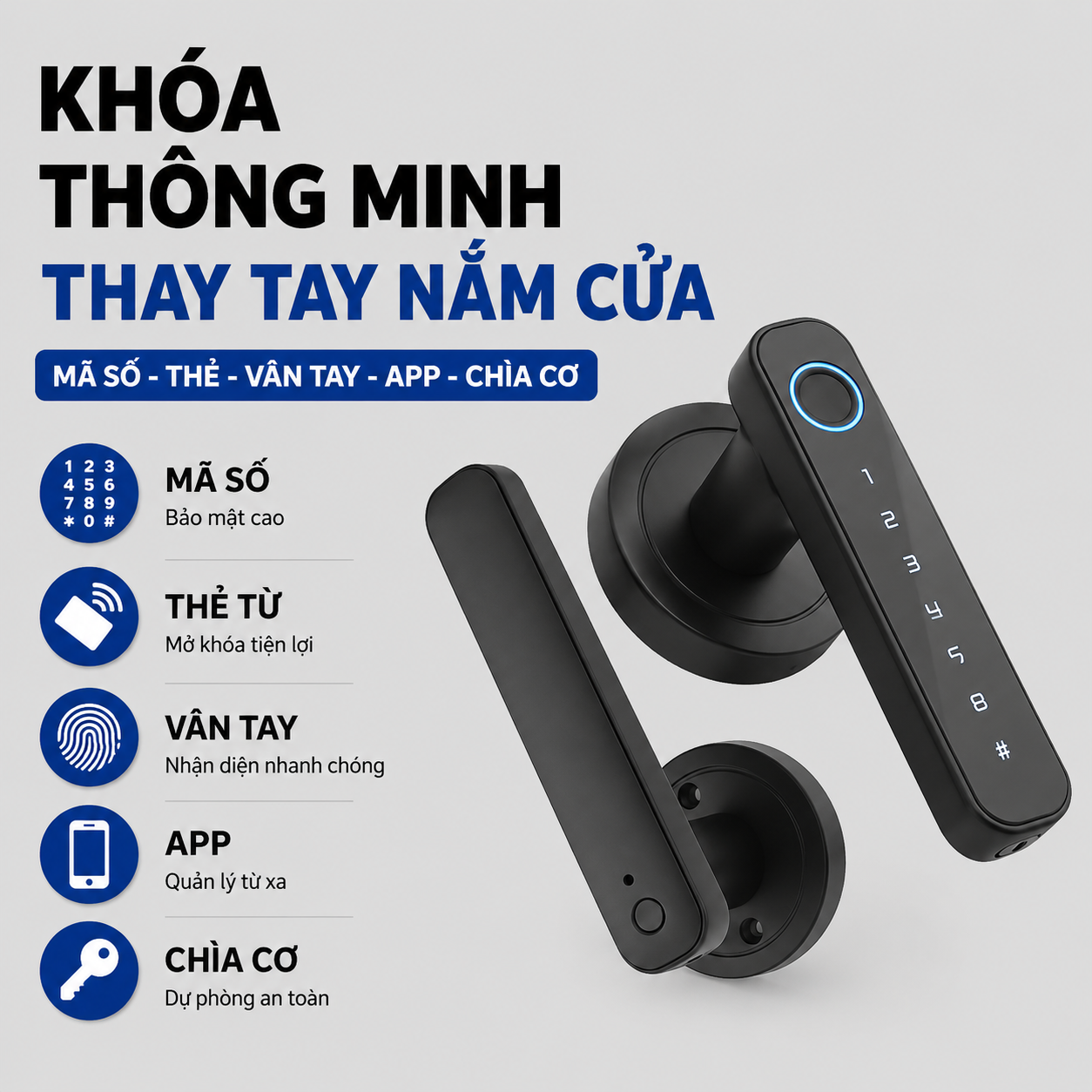 Khóa Cửa Thông Minh – Mở Khóa App Tuya + Vân tay + Chìa khóa + Thẻ từ + Mã số - hàng chính hãng