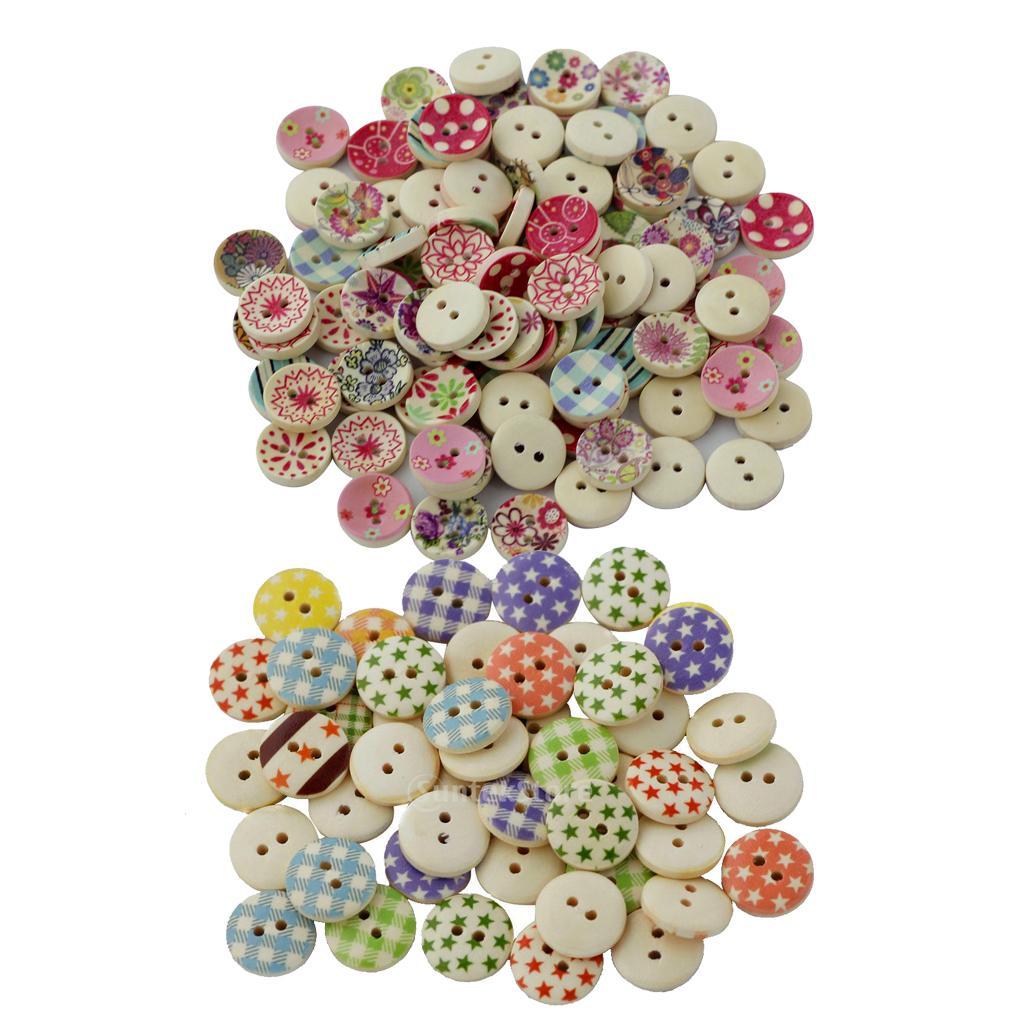 200Pcs 15mm Round Painted Wooden Button Sewing Buttons 2 Holes For Craft