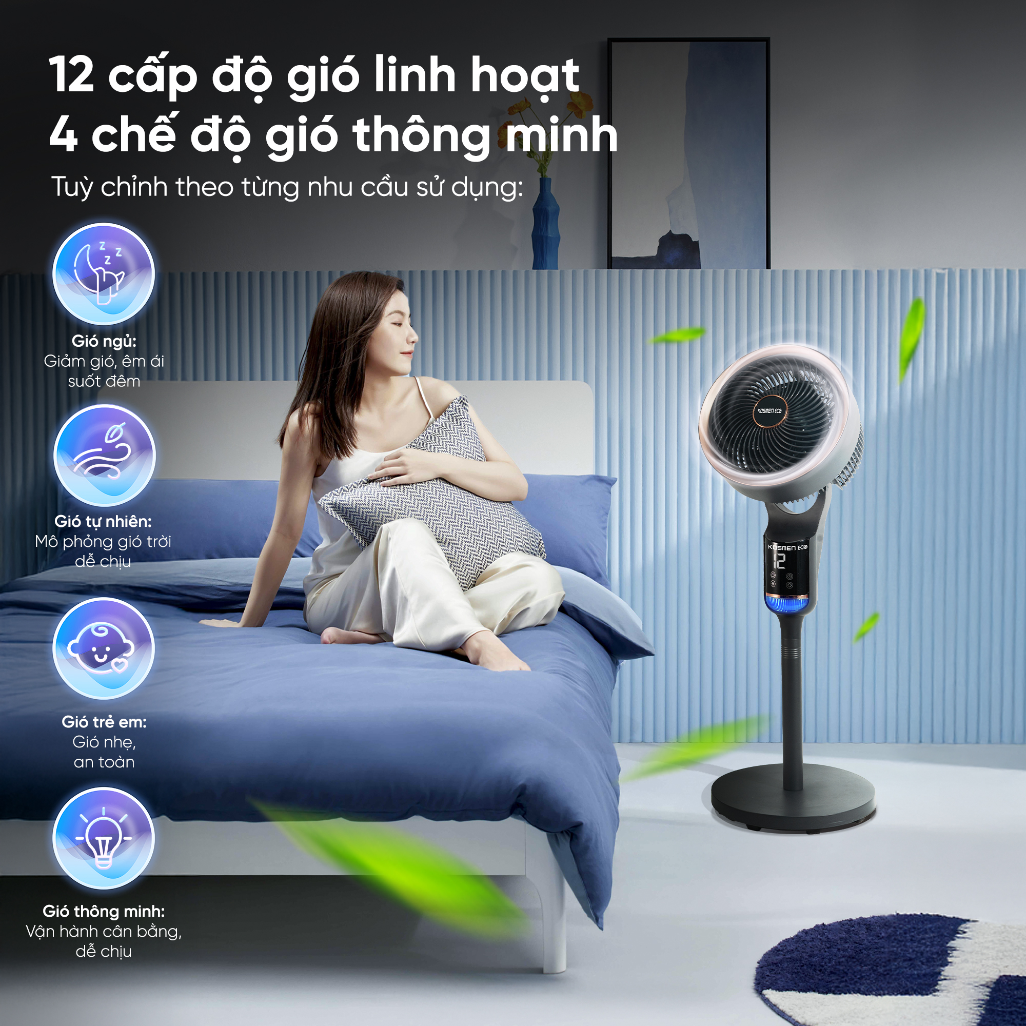 Quạt đối lưu không khí điều khiển bằng giọng nói Kosmen Eco ECO-F40AI-B, quạt thông minh, quạt điện (quạt đứng)