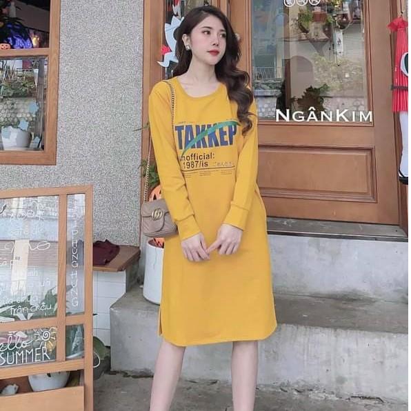 shop xin giới thiệu sản phẩm váy suông dài tay in chữ TAKKE 3 màu xinh xắn H001