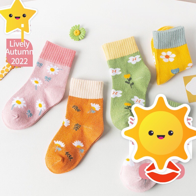 Set 5 đôi tất vớ cotton len họa tiết bông hoa thời trang cho trẻ em bé gái từ 1-9 tuổi