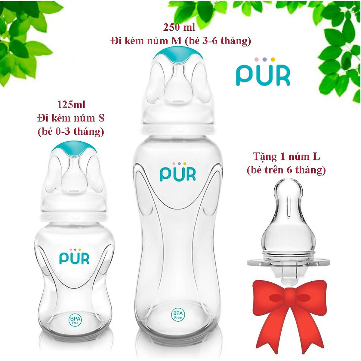 Combo bình sữa Pur Advanced 125ml, bình sữa Pur Advanced 250ml + Núm ti size L