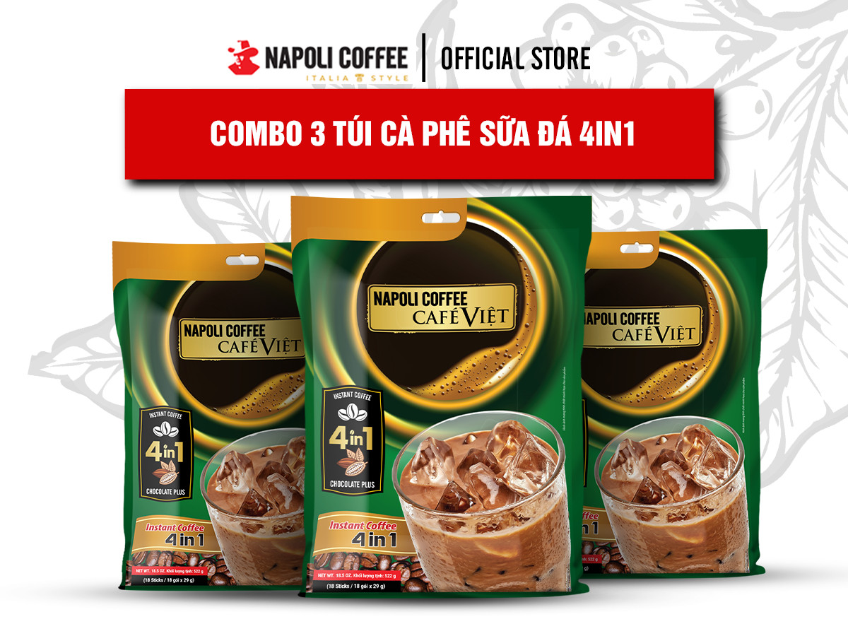 COMBO 3 Túi Lớn Cà Phê Socola Sữa Đá Napoli Coffee - Cafe Hoà Tan 4IN1 - Từ Arabica & Robusta Hạt SẠCH (18 gói x 29g)
