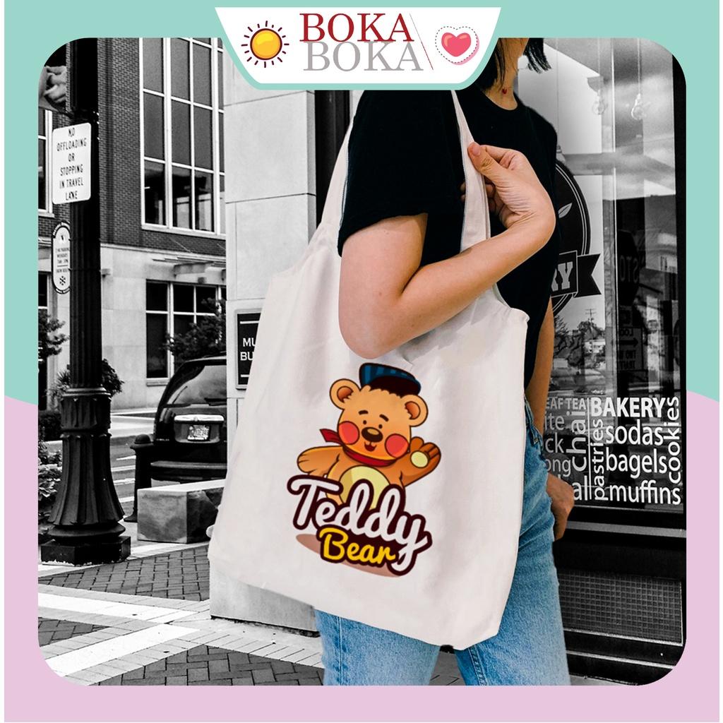 Hình ảnh Túi Tote Canvas Vải Bố In Hình Teddy Bear Quai Tròn Có Khóa Miệng Túi