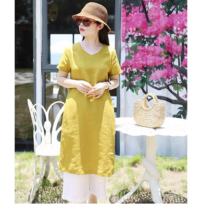 Sét Đầm Suông Linen ngắn tay cồ tim kèm Quần ống rộng ArcticHunter