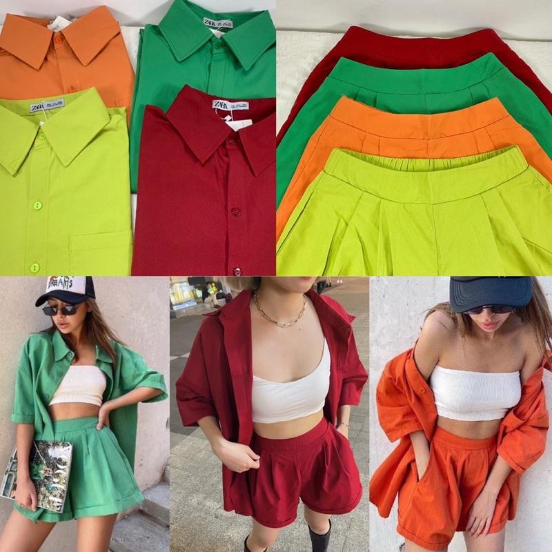 NGYÊN SET SƠMI Zar gồm áo ngắn tay kèm quần short đùi chất dày