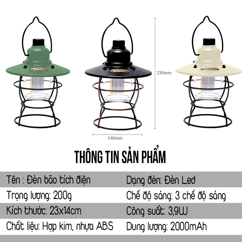 Đèn Dã Ngoại Tích Điện Đèn Bão Đèn Treo Lều Vintage Lights Cao Cấp Điều Chỉnh 3 Màu Sáng