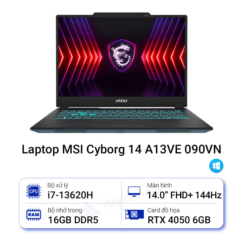 LAPTOP MSI CYBORG 14 A13VE-090VN (I7-13620H/512GB PCIE SSD/DDR5 8GB*2/RTX 4050,GDDR6 6GB/14&quot;16:10 FHD+144HZ/ WIN11/MÀU ĐEN) - HÀNG CHÍNH HÃNG